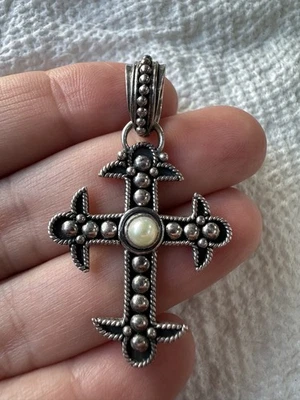 BA Sterling Silver Cross with Pearl Center, Indonesia, 1.75" Height - Image 1 of 4