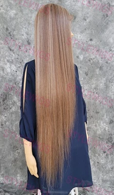 Peluca marrón claro/rubia súper larga recta de encaje frontal mezcla cabello humano EVFC Foto 1 de 4