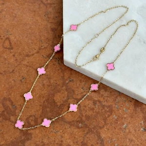 14KT Yellow Gold 7mm Pink Enamel Flower Station Cable Chain Necklace - Picture 1 of 7