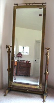 Vintage 1960's Mid-Century Cast Brass Cheval Beveled Floor Mirror Original Cond. - Image 1 of 4