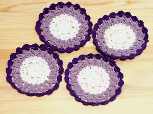 Handmade Crochet Coaster in Purple - Set of 4 - Colourful Round Doily Mug Rug - Picture 1 of 2