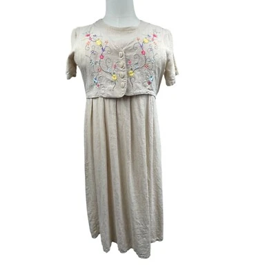 VTG 90s Tan Linen Maxi Dress XL Embroidered Vest Cottage Boho Prairie Teacher - Image 1 of 4