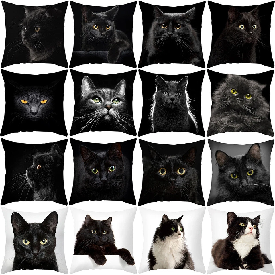 Cartoon Black Cat Print Animals Cushion Cover Cotton Linen Throw Pillow Cover  - Image 1 of 1