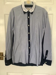 River Island Shirt Navy & White Size M Smart Striped Block Colour Contrast - Picture 1 of 3
