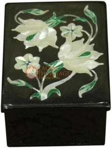 3"x2" Black Marble Jewelry Lidded Box Real Mop Floral Marquetry Christmas Gifts - Picture 1 of 8