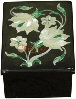 3"x2" Black Marble Jewelry Lidded Box Real Mop Floral Marquetry Christmas Gifts - Image 1 of 4