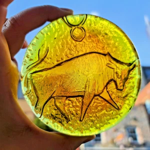 Blenko Zodiac amber glass Taurus round art glass paperweight decor yellow orange - Picture 1 of 7