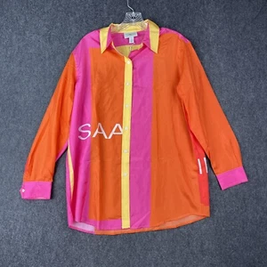 Isaac Mizrahi Blouse Women's Small Orange Multicolor Button Front Silk Oversized - Picture 1 of 7