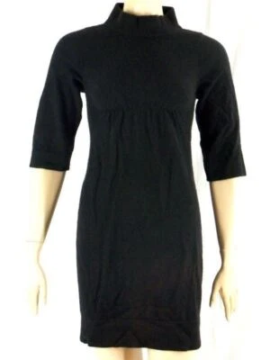 Vestido S VINCE negro 100 % cachemir falso cuello alto fruncido hasta la rodilla manga 3/4 Foto 1 de 4