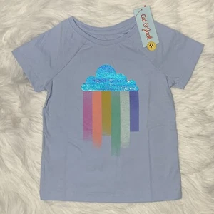 Light Blue Girls T-shirt with Rainbow Graphic and Two Way Sequin Cloud Size 4/5 - Picture 1 of 5