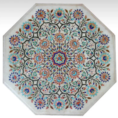 18" Marble side end Pietra Dura Table Top marquetry floral art Inlay Handmade - Image 1 of 2