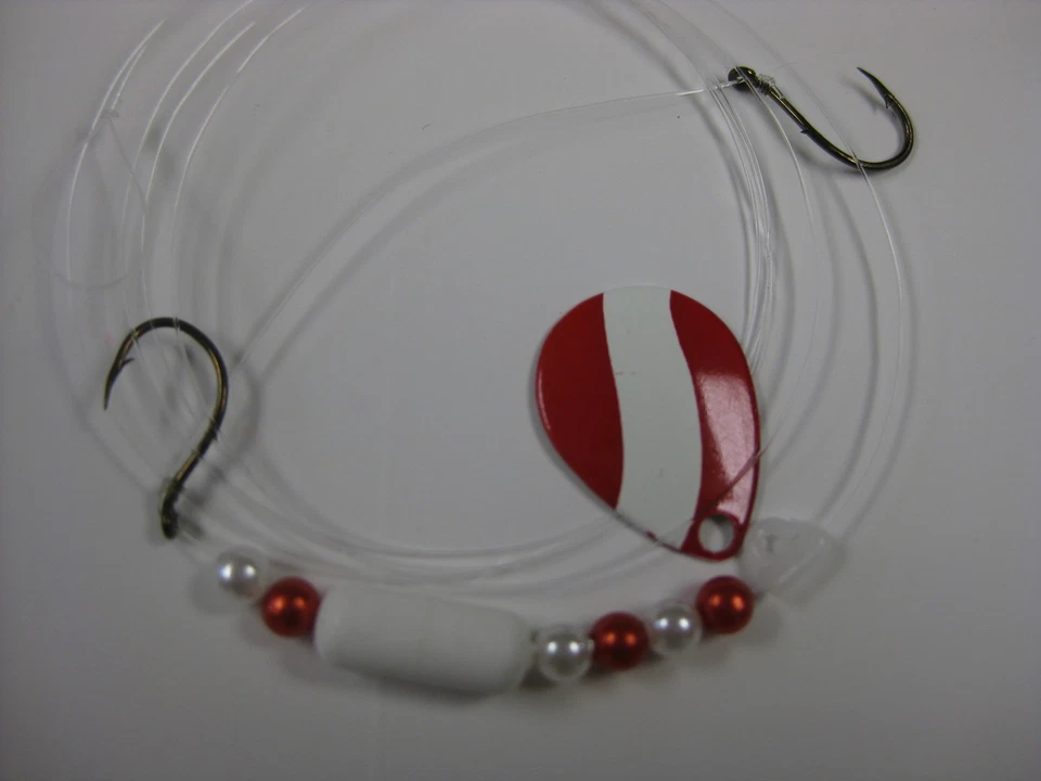  Walleye 2 Hook Floating Blades Blade Spinner Rigs Crawler Harness (Red White) - Image 1 of 1
