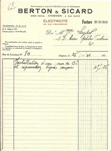 FACTURE Berton Sicard  " Service électricité " - Picture 1 of 1