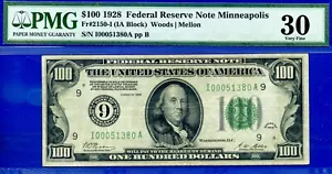 1928 $100 Federal Reserve Note PMG 30 rare keynote Minneapolis Fr 2150-I - Picture 1 of 2
