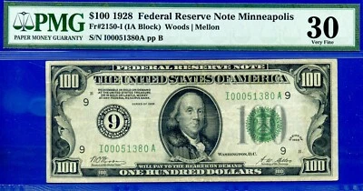 1928 $100 Federal Reserve Note PMG 30 rare keynote Minneapolis Fr 2150-I - Image 1 of 2