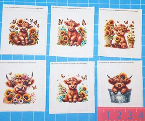 6 Piece 3"x3" Sunflower Cows 100% Cotton Quilting Sewing Blocks Squares MP156 - Picture 1 of 6