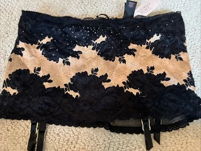 NWT - Victoria’s Secret Seduction Lace Garter Skirt Black Gold Crystals Sz S - Image 1 of 4