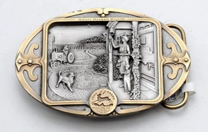  John Deere Hinton LUNCH TIME Traktor Gürtelschnalle 1937 4 Bein Hirsch Markenlogo - Bild 1 von 3
