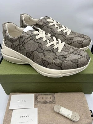 GUCCI Rhyton Hombre’s Zapatillas Macro GG Supreme Beige Ébano UK 13 US 13.5 Foto 1 de 4