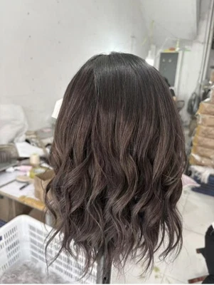 Peruca de cabelo humano 16"" destaque onda marrom 13x4 frente de renda com franjas - Imagem 1 de 4