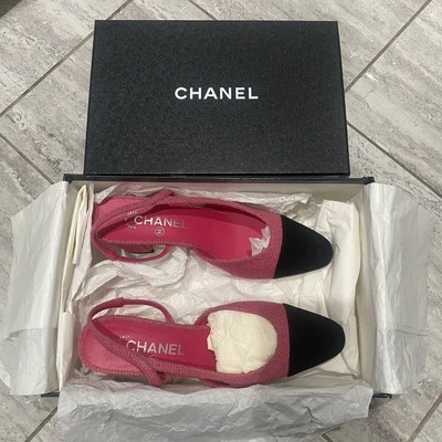 香奈儿露背粗花呢粉色和黑色罗缎高跟鞋女式 38.5 码 — 第 1/4 张图片