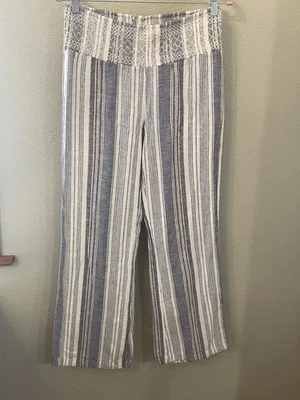 Pantalones de pierna ancha mezcla lino azul talla grande rayas causal costero playa salón Foto 1 de 4