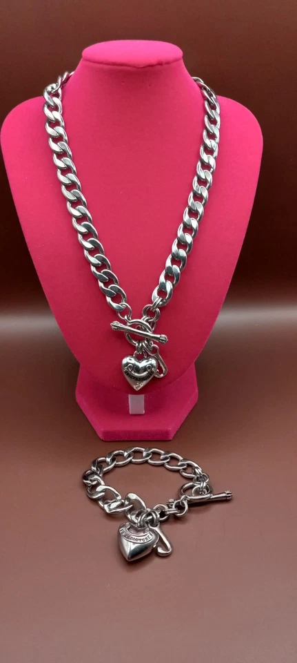 Y2K juicy Couture Puff Heart Silver Tone Necklace & Bracelet Set Vintage  - Image 1 of 4