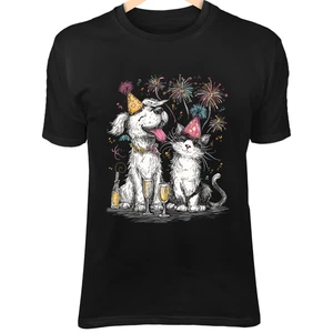 Holiday Dog & Cat Line Art - Cute Minimalist Cartoon with Party Hats, Fireworks - Picture 1 of 3