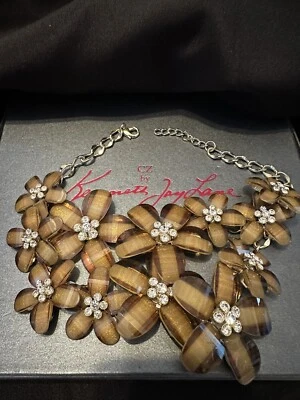 RARE CZ KENNETH JAY LANE GOLD-TONE NECKLACE LAYERED Acrylic FLOWER BIB PENDANT - Image 1 of 4