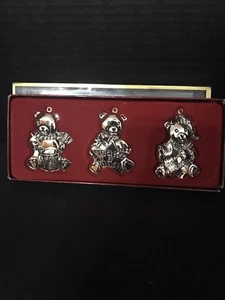Gorham Silverplate Christmas Ornaments Set 3 Teddy Bears 2 5/8” With Red Ribbon - Picture 1 of 7