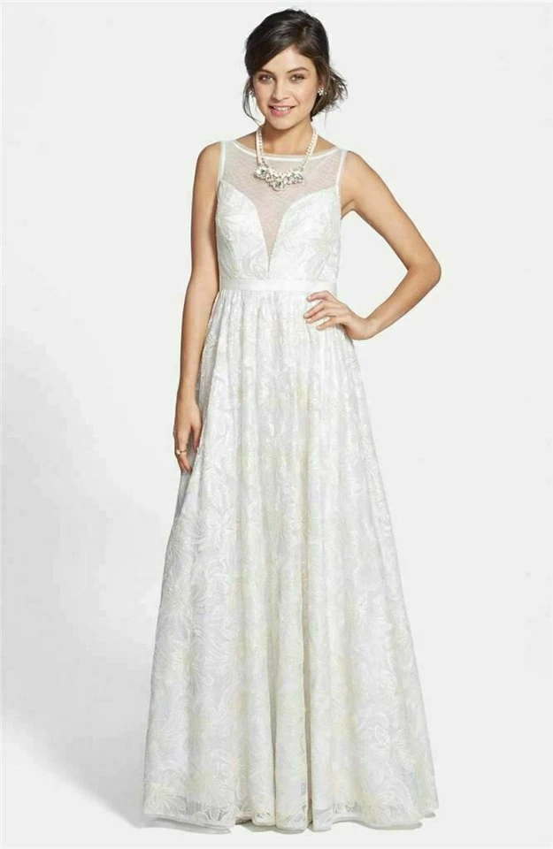 Adrianna Papell 人造皮革亮片花边婚礼礼服礼服 尺寸 6 象牙色 Mrsp $598 — 第 1/1 张图片