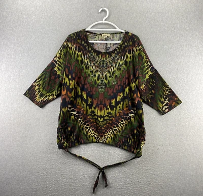 One World 1X Top Verde Marrón Estampado Animal Embellecido Manga 3/4 Cuello Redondo Poliéster Foto 1 de 4