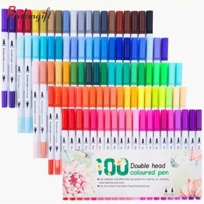 100 Colours Markers Pen Watercolour Brush Pens Twin Tip Art Drawing Colouring - image 1 of 4