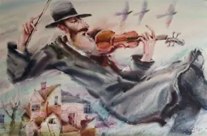 Violín músico acuarela original firmado a mano Klevan sin título K3 - Imagen 1 de 1