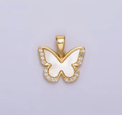 蝴蝶珍珠母和莫桑石吊坠 10k 纯金吊坠 — 第 1/4 张图片