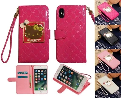 Hello Kitty Mirror Stand Wallet Case W Card Slots Pocket & Straps For iPhone X  - Image 1 of 4