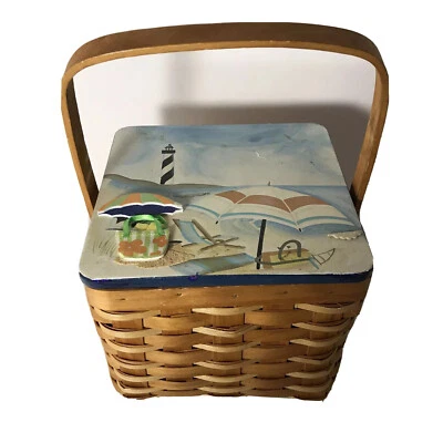 Hand Painted Small Reed Basket with Handle -Beach Scene-7”x7”x6” - Image 1 of 4