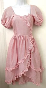 Albert Nipon Vtg 80s Pink Striped Textured Ruffle Puff Sleeve Dress XS *FLAWS - Picture 1 of 10