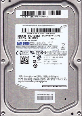 Samsung HD103SI pn: HD103SI/U 61823-B741-BOEZJ 1AG01118 1TB 2.5" SATA A12-12 - Image 1 of 2