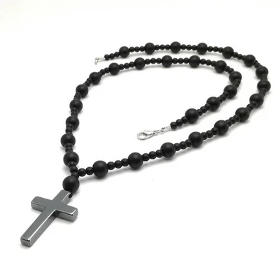 Collana croce ematite onice pietra rosario catena preghiera regalo di Natale - Immagine 1 di 4
