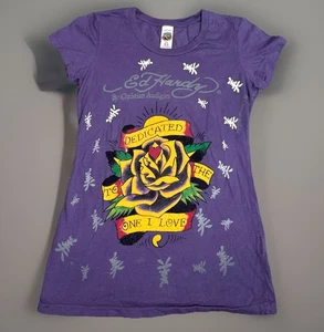 T-shirt donna viola vintage Y2K Ed Hardy Y2K Cyber Goth Grunge XS - Foto 1 di 7