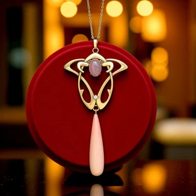 Superbe Collier Pendentif Doré Vieilli Goutte Corail Agate Rose Art Nouveau SB22 - Bild 1 von 4