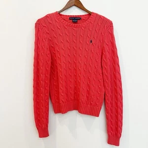 Ralph Lauren Sweater Womens Medium Red Coral Black Label Cable Knit Pullover - Picture 1 of 9