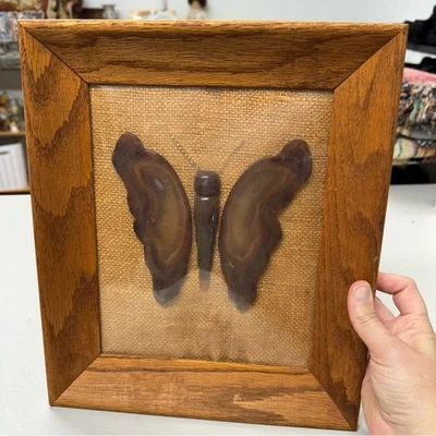 Vintage Handmade Brown Agate Butterfly Art Wood Framed Boho Cottage Core Decor - Imagem 1 de 4