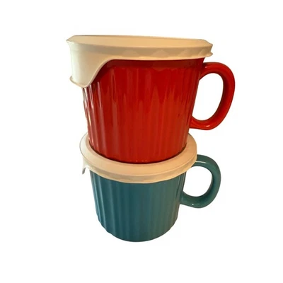 Juego de 2 tazas CorningWare con tapas ventiladas rojo y verde azulado aptas para microondas 20 oz nuevas sin etiquetas Foto 1 de 4