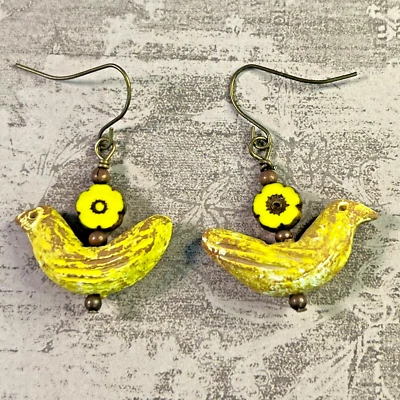 Bronze Tone French Hook Distressed Yellow Bird/Flower Dangle Earrings. S334 - Image 1 of 3