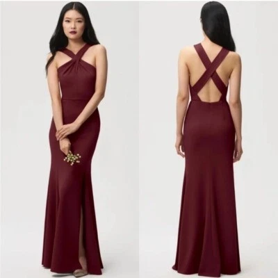 Vestido maxi formal BHLDN Jenny Yoo Kayleigh stretch crepe halter Borgonha 4 - Imagem 1 de 4