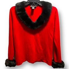 Vtg Faux Fur Collar Cuff Red Sweater Pinup Bombshell Vamp Sexy Sz M Petite Black