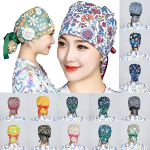 Women Cotton Floral Surgical Scrub Bowknot Cap Hair Cover Doctor Nurse Scrub Hat - Picture 1 of 80