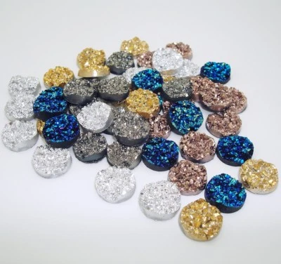 50pcs- Mix Colors Druzy Resin Cabochons, Flat Round, Sparkly Metalic. (12mm)  - Image 1 of 2